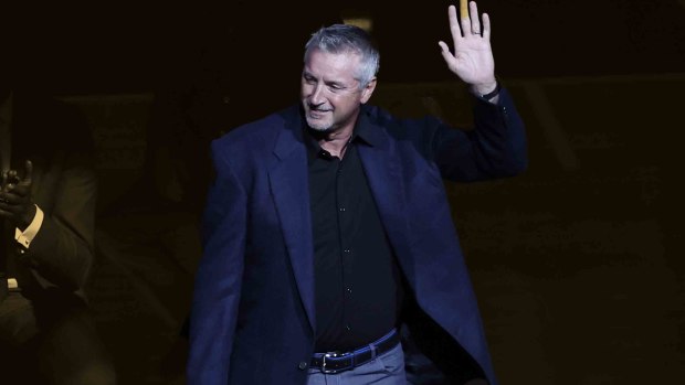 Former player Toni Kukoc is honored during the inaugural ceremony at halftime of a game between the Bulls and Golden State Warriors at United Center.