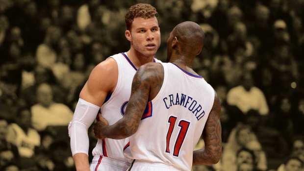  Los Angeles Clippers power forward Blake Griffin (32) and Los Angeles Clippers shooting guard Jamal Crawford (11) during the game against the Milwaukee Bucks at the Staples Center. Clippers won 117-101. 