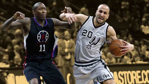 San Antonio Spurs forward Manu Ginobili (20) drives to the basket against Los Angeles Clippers guard Jamal Crawford