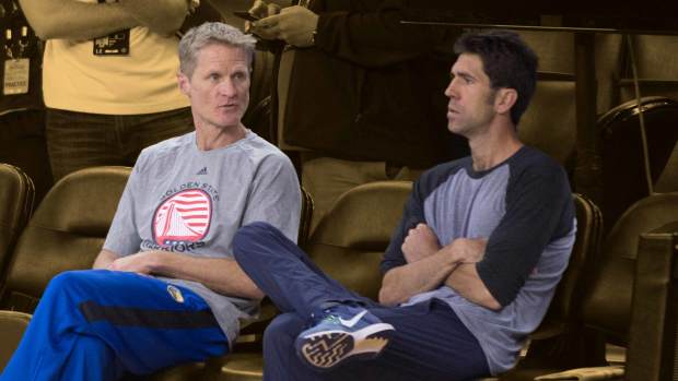 June 1, 2016; Golden State Warriors head coach Steve Kerr and general manager Bob Myers during NBA Finals media day at Oracle Arena