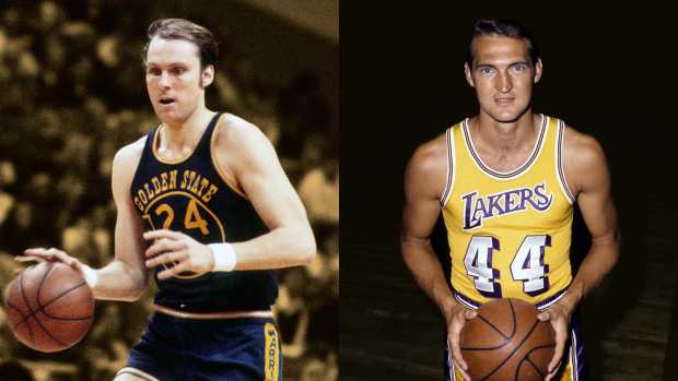 Golden State Warriors forward Rick Barry; Los Angeles Lakers guard Jerry West