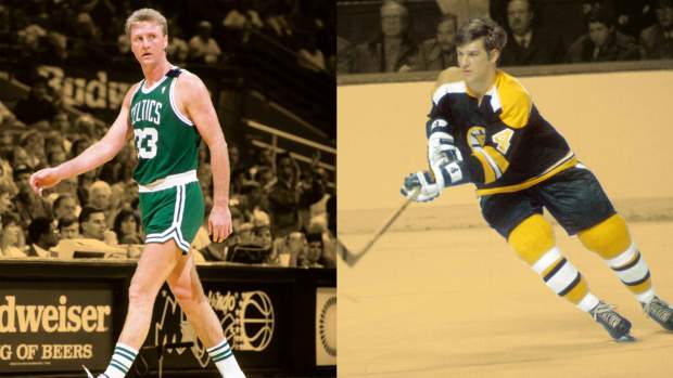 Boston Celtics legend Larry Bird and Boston Bruins defenseman Bobby Orr 