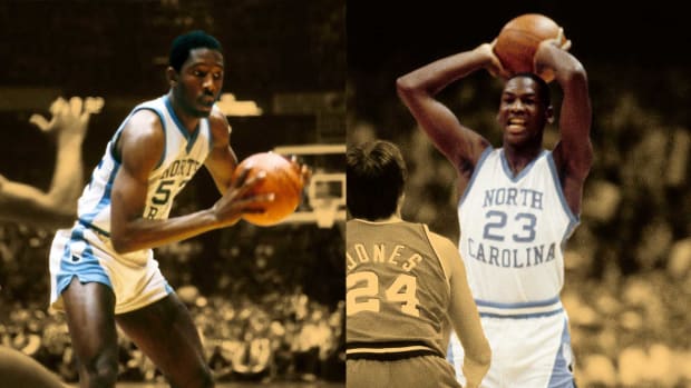 James Worthy and Michael Jordan in action during their University of North Carolina days