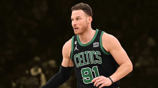 Boston Celtics forward Blake Griffin (91) dribbles the ball against the San Antonio Spurs during the fourth quarter at the TD Garden.