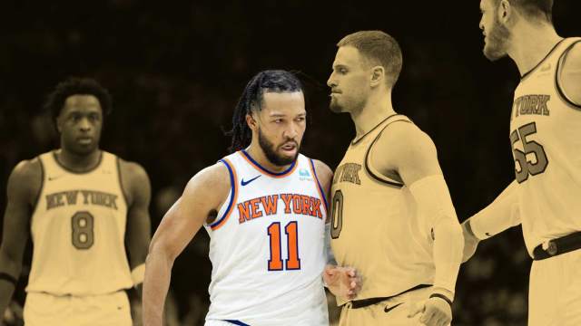  New York Knicks guard Jalen Brunson (11) reacts with guard Donte DiVincenzo (0) after scoring against the Philadelphia 76ers during the second half of game six of the first round for the 2024 NBA playoffs at Wells Fargo Center. 