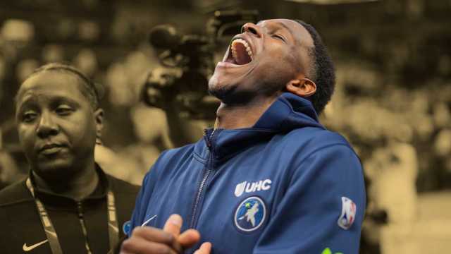 Minnesota Timberwolves guard Anthony Edwards (5) laughs after the game against the Denver Nuggets during game six of the second round for the 2024 NBA playoffs at Target Center.