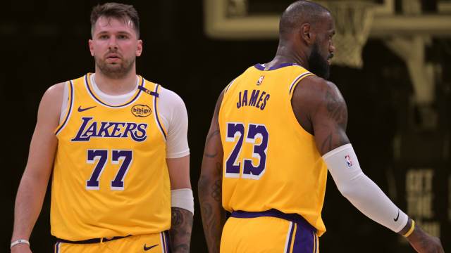  Los Angeles Lakers guard Luka Doncic (77) and forward LeBron James (23