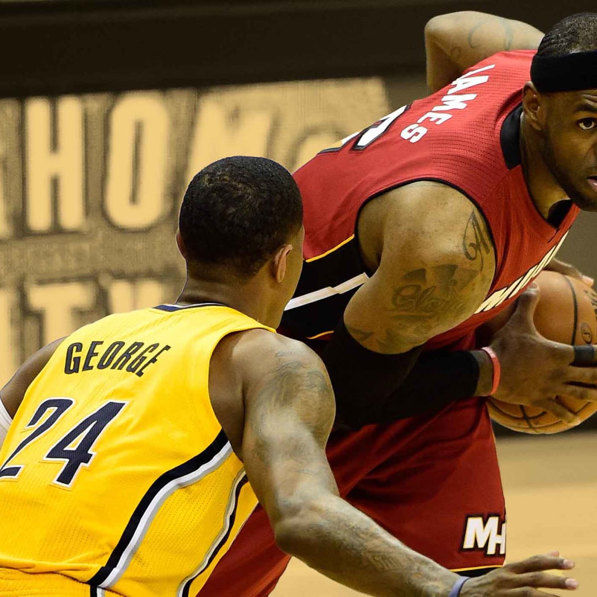 Indiana Pacers' Paul George (24) reacts after fouling in the second half of  an NBA basketball game against the Miami Heat, Wednesday, Dec. 18, 2013, in  Miami. The Heat defeated the Pacers