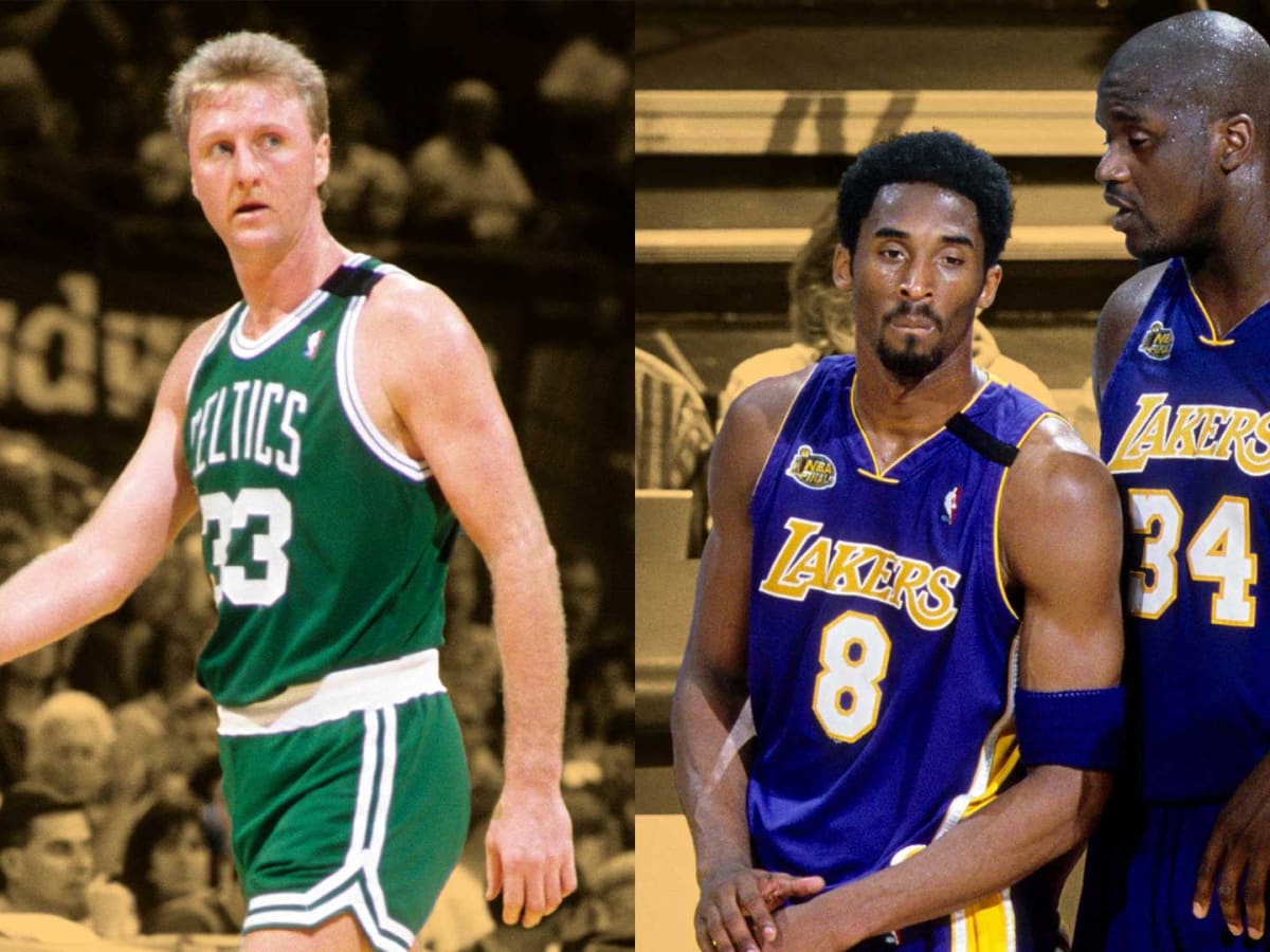 List of players with jerseys retired by the Los Angeles Lakers: Kobe  Bryant, Shaquille O'Neal, Magic