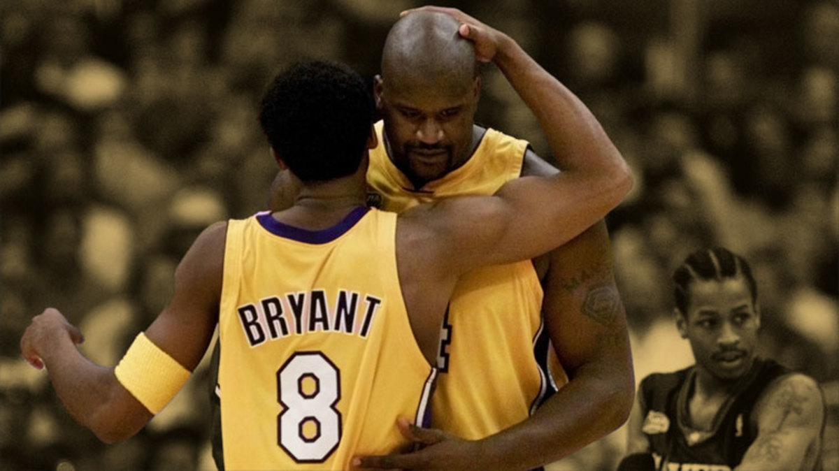 Shaquille O'Neal and Kobe Bryant of the Los Angeles Lakers pose for a