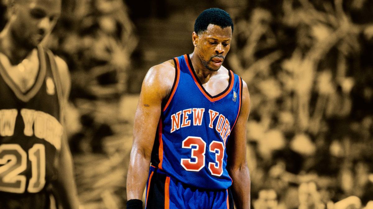 Patrick Ewing of the New York Knicks drives to the basket for a